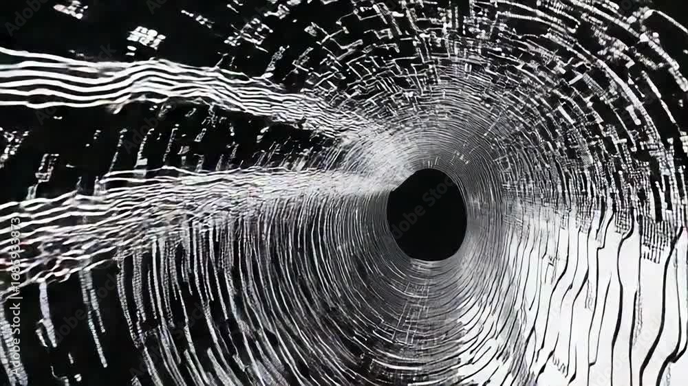 Poster digital tunnel data stream flowing into black hole representing information loss