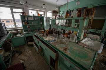 Old Ruined Abandoned Agricultural Farming and Animal Research Laboratory with Equipment
