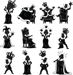 Royal King and Queen Cartoon Silhouettes – Crowns, Thrones, Royal Gestures, Dancing, Regal Poses, Crown Toss, Silhouette Characters
