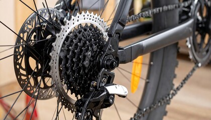 Fototapeta premium Close-up of a mountain bike's rear wheel with disc brakes, gears, and chain detail