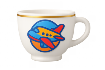 White mug with airplane logo celebrating travel and tourism