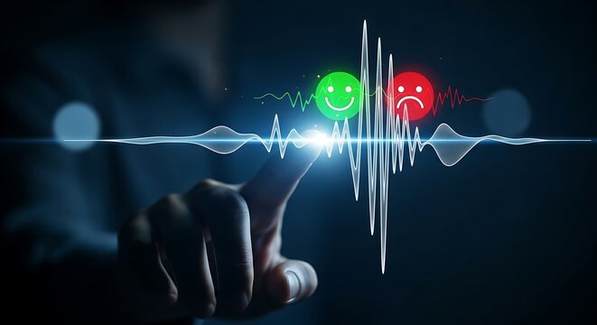 Sentiment analysis concept. A hand touches a holographic soundwave that transforms into happy (green) and sad (red) face icons.