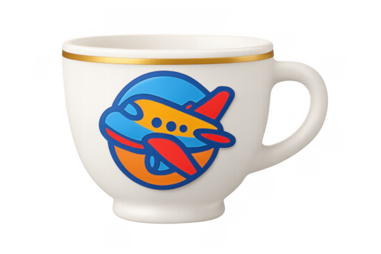 White mug with airplane logo celebrating travel and tourism