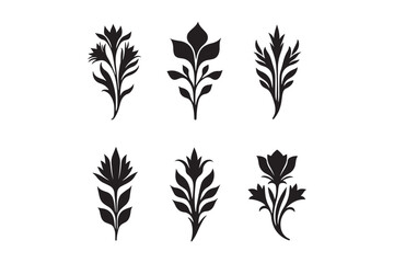 Collection of six stylized black floral silhouettes on white background