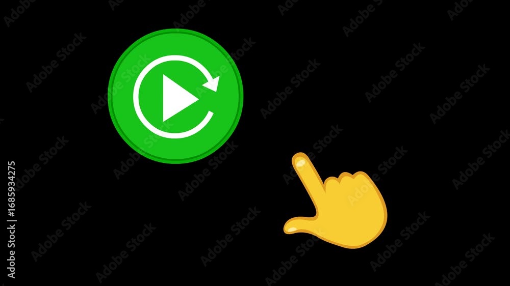 Poster video animation yellow hand push replay restart button digital, on a transparent background with alp