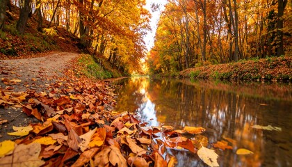 Autumnal forest path reflecting in a tranquil stream