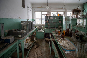 Old Ruined Abandoned Agricultural Farming and Animal Research Laboratory with Equipment