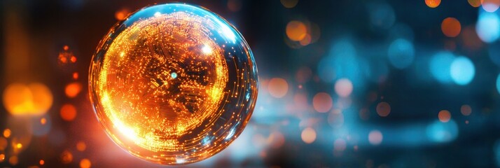 Floating sphere with glowing patterns in a dark space filled with bokeh lights during a digital art creation