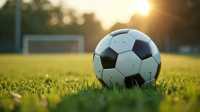 Soccer ball on field, a classic symbol of sportsmanship and teamwork for students, lies in wait, sun casting long shadows. Soccer ball sitting on lush green grass field, showing the net in background.