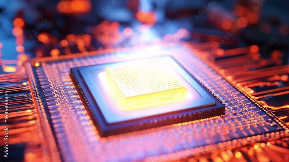 Poster close-up view of a microchip on a circuit board. glowing orange and red hues illuminate the intricat