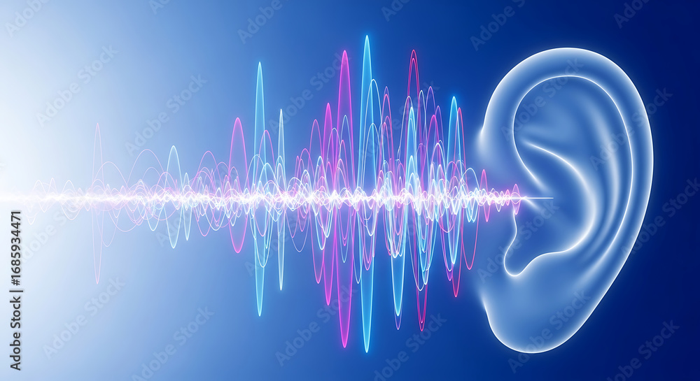 Poster dynamic sound waves enter human ear, illustrating audio perception and auditory processing