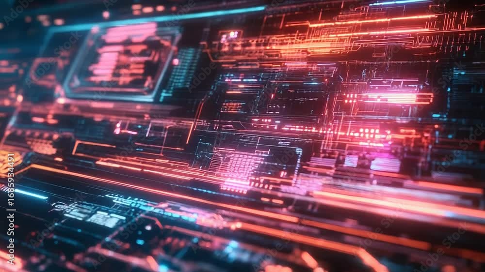 Poster futuristic server performing complex calculations with glowing lines of code