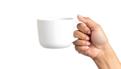 Hand holding a plain white mug