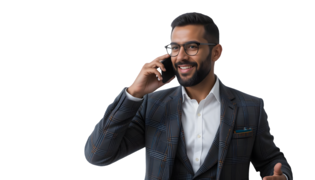 Happy businessman in suit talking on the phone isolated on transparent background