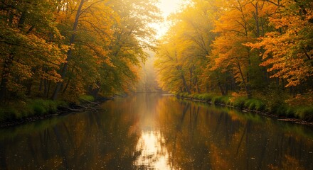Obraz premium Autumnal River reflects vibrant foliage, soft lighting. Ideal for nature posters, travel photography, scenic wallpapers.