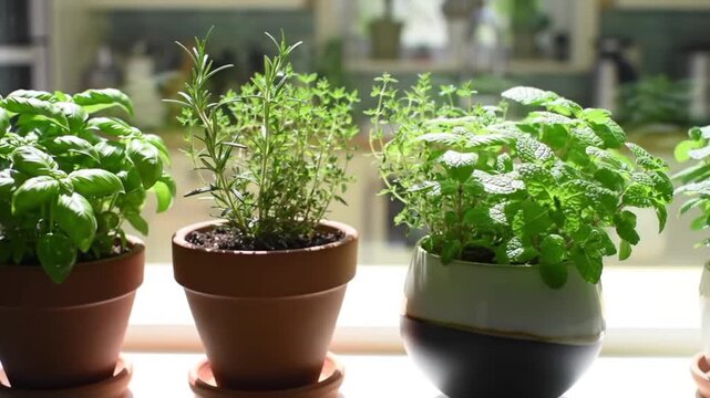 A view of potted herbs including basil rosemary thyme and mint sitting on a window sill