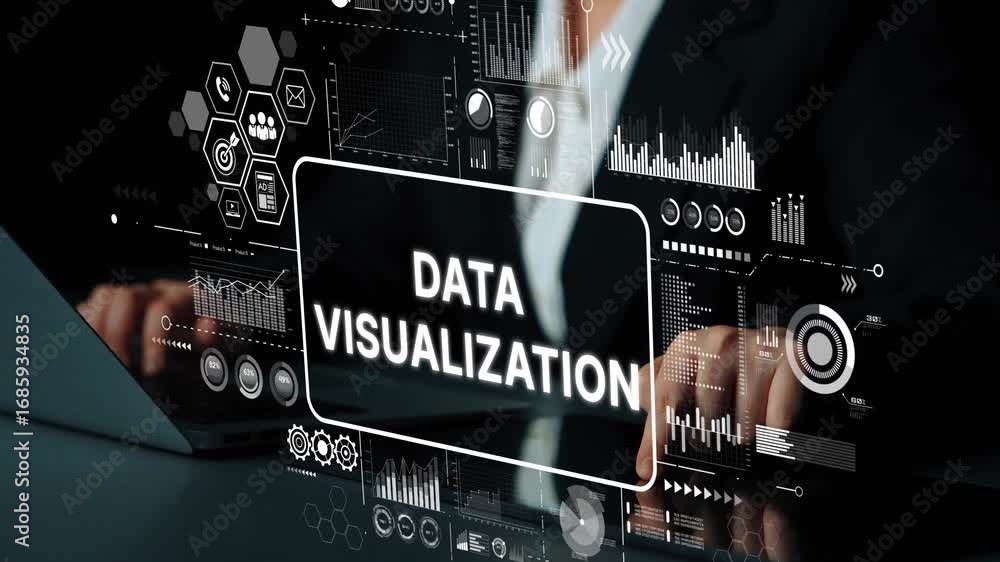 Poster professional individual analyzing data visualization on a digital interface with graphs, charts, and