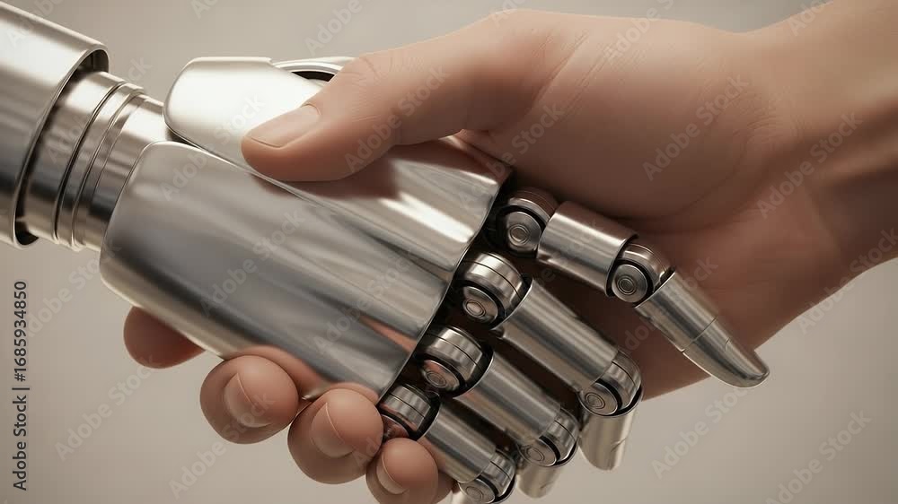 Poster human and robot handshake: a symbolic image representing the merging of humanity and technology. the
