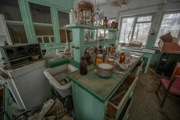 Old Ruined Abandoned Agricultural Farming and Animal Research Laboratory with Equipment