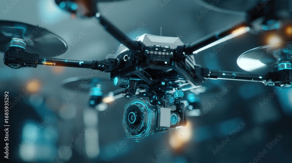 Poster a detailed closeup of a drones sensors and scanning equipment accentuating the advanced technology u