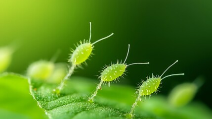 Fototapeta premium Tiny green hairy seedlings emerging from a leaf