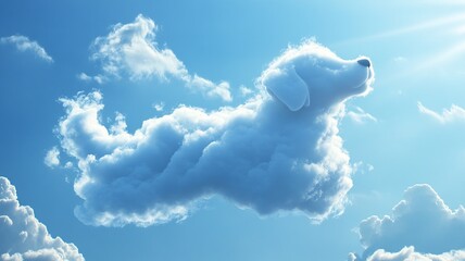 Realistic white cloud shaped like a running dog against a bright blue sky, with soft lighting emphasizing contours and detailed fluffy texture.