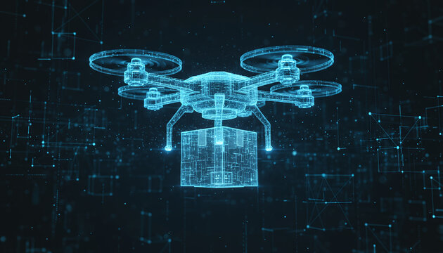 Concept of smart logistics and fleet management. A holographic modern cargo drone with box, set against a dark background enhanced by digital connections and blue light effects
- Powered by Adobe