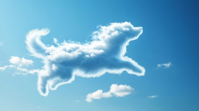 Realistic white cloud shaped like a running dog against a bright blue sky, with soft lighting emphasizing contours and detailed fluffy texture.