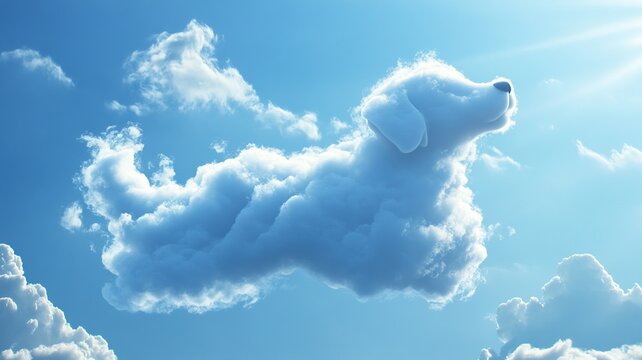 Realistic white cloud shaped like a running dog against a bright blue sky, with soft lighting emphasizing contours and detailed fluffy texture.