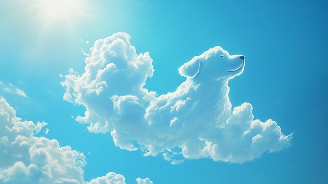 Realistic white cloud shaped like a running dog against a bright blue sky, with soft lighting emphasizing contours and detailed fluffy texture.