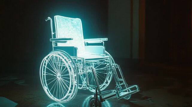 Glowing hologram of a wheelchair in a dark room symbolizing disability and accessibility