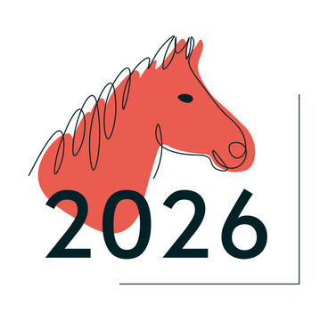 Red horse silhouette with one continuous line. Symbol 2026 with single line. Linear drawing on white background. Happy New Year. Minimalist sketch. Portrait mare. Card. Chinese eastern horoscope.