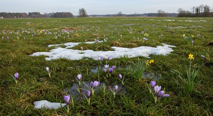 Violet crocuses and yellow daffodils bloom amidst melting snow. Ideal for spring-themed product photography, branding, or posters.