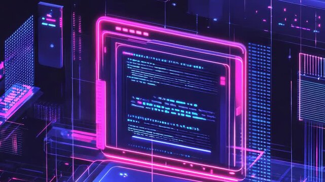 Futuristic software development environment with neon lights