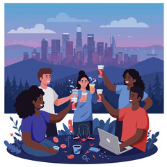 Fototapeta premium Diverse Friends Celebrating Urban Success & Digital Connection in a Modern City Illustration