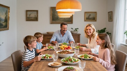 Family Enjoys a Meal Together at a Cozy Dining Table in a Well-Lit Room With Cheerful Ambiance