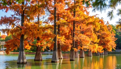 Autumn trees lining a pond