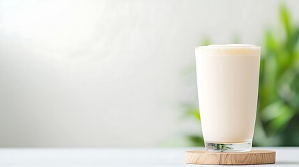 Refreshing tall glass of creamy beverage on a white surface with greenery background