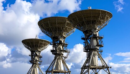 Three large satellite dishes against a cloudy sky