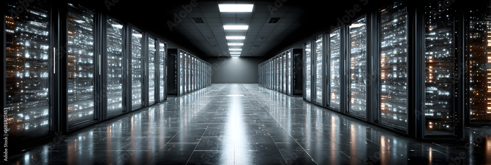 Poster high-tech server room data center with rows of compuer racks storing vast amouts of information. mai