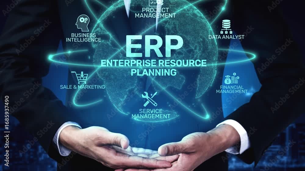 Poster erp platform visual showing centralized system for enterprise resource planning, improving integrati