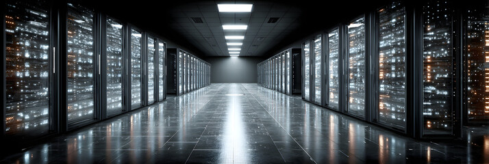 High-tech server room data center with rows of compuer racks storing vast amouts of information. Mainfrae servers process complex lgorithms in a secure, cliate-controlled environment