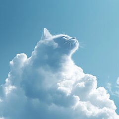 Realistic fluffy cloud shaped like a playful kitten against a clear blue sky, with sunlit highlights, shadows, and detailed lifelike textures.