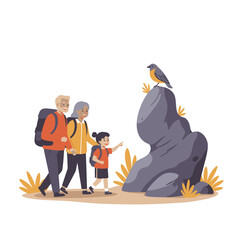Joyful Multi-Generational Family Vector Illustration Discovering Nature's Beauty Together, Fostering Connection and Outdoor Adventure