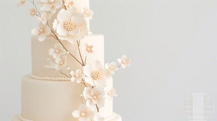 Elegant tiered wedding cake adorned with delicate sugar flowers