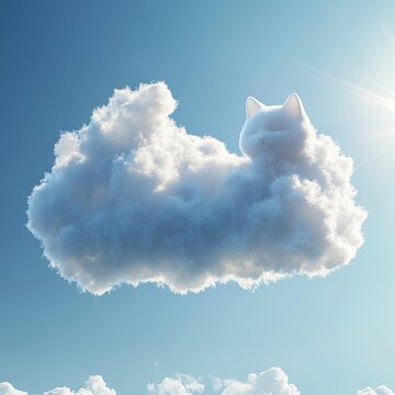Realistic fluffy cloud shaped like a playful kitten against a clear blue sky, with sunlit highlights, shadows, and detailed lifelike textures.