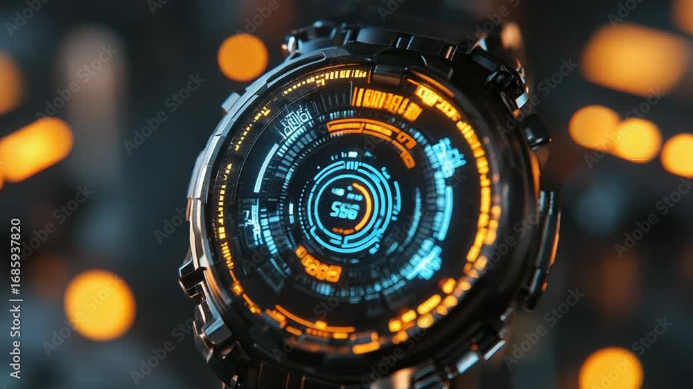 Poster futuristic smartwatch showing complex data on digital display