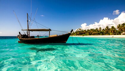 Obraz premium Tranquil boat in turquoise water, idyllic beach