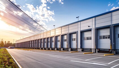 Exterior view of a large industrial building with loading docks, under a partly cloudy sky