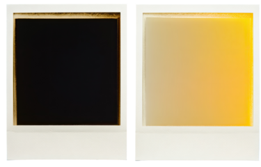 Two square instant photos, one black, one faded orange-yellow, in white frames